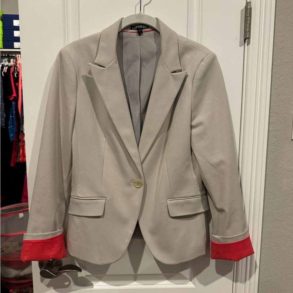 Express Light Gray Blazer with Red Turn-Back Cuffs